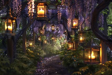 A whimsical garden pathway lined with flickering lanterns, leading towards a secluded alcove adorned with cascading wisteria blooms. A romantic rendezvous awaiting discovery