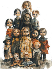 Creepy Dolls , Collection of antique dolls with haunting eyes in a dusty, shadow,filled room - obrazy, fototapety, plakaty