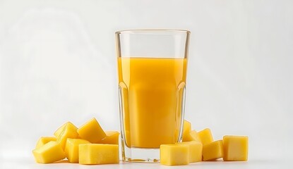 Mango juice in glass with mango cubes isolated on white background detailed photo aesthetic color palette stock photography high resolution image sharp focus high quality