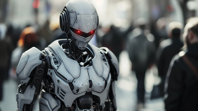 Metal android watching for the peoples in the city street