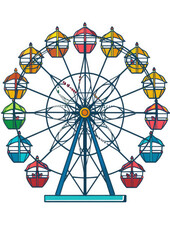 ferris wheel on a white background, illustration, drawing, amusement park, carousel, entertainment, recreation, holiday, cabins, height, carnival, fair, colorful, design