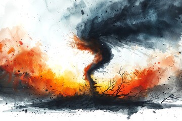 A watercolor painting of a tornado in a field at sunset