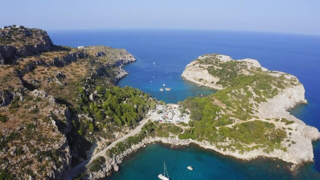 Drone flight above Anthony Quinn Bay in Faliraki, Rhodes Island, Greece