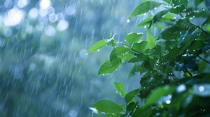 Raindrops streak down the outoffocus background adding a dynamic element to the image. In the distance the mist is dense and has a slightly bluish tint giving the impression of a heavy .