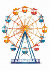 ferris wheel on a white background, illustration, drawing, amusement park, carousel, entertainment, recreation, holiday, cabins, height, carnival, fair, colorful, design