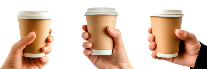 Set of coffee in a paper cups in hands on a white or transparent background. Close-up of coffee in a cups, side view. Graphic design element.