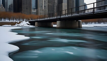 Elevated train crosses a freezing Chicago River as steam rises while temperatures plummet.generative.ai 
