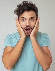 Portrait of a funny man expressing surprise. Stupefied man with open mouth and hands on face. Astonished guy.