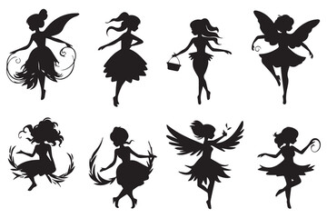 Set of silhouettes of fairies vector isolated on white background. Magical fairies in the cartoon style