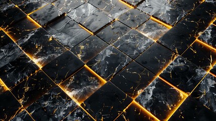 This image presents a striking geometric pattern of triangular black marble with gold accents, evoking a sense of luxury and modern design