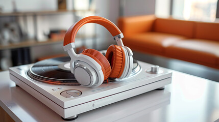 A pair of vintage headphones resting on a white record player, capturing the nostalgia of analog...