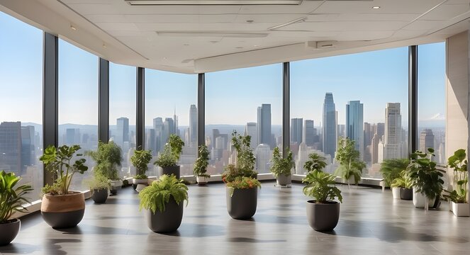 Large windows, glass fixtures, houseplants in flowerpots, a vast floor with views of the city, and all of this under a tall office building
