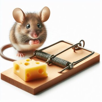 small mouse near a mousetrap with cheese isolated on a white background