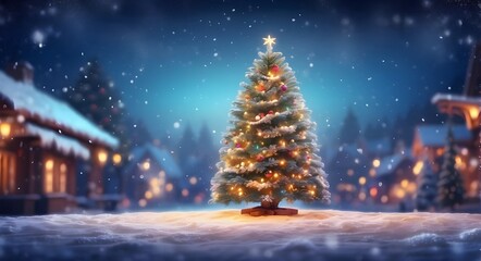 Obraz premium Winter Christmas background with blur. Christmas tree with snow and garland lights, with a festive background for the holidays. broadscreen background. Yearly Wintertime visual design, big-screen vaca