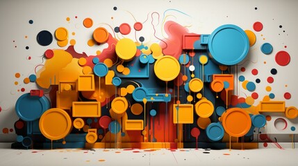 b'Colorful 3D shapes and circles with paint splatters'
