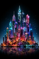 Obraz premium b'A beautiful illustration of a city skyline with colorful skyscrapers and a starry night sky'