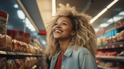 b'Happy African-American woman shopping in grocery store' - obrazy, fototapety, plakaty