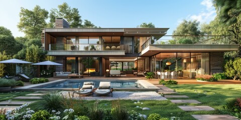 Obraz premium b'Modern luxury villa with pool and garden'