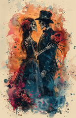 A Gothic romance image featuring two elegantly dressed skeletons surrounded by red roses, butterflies and floral elements, portraying a striking contrast between life and death, beauty and decay. 