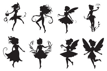 Set of silhouettes of fairies vector isolated on white background. Magical fairies in the cartoon style
