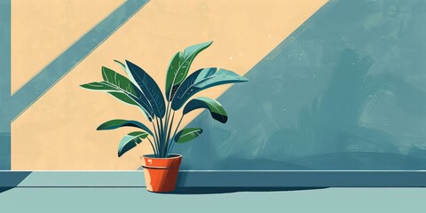 b'A potted plant sits in front of a blue and yellow background.'