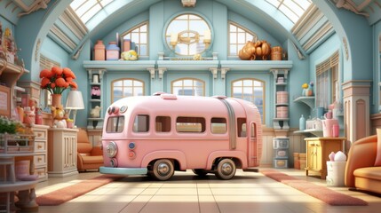 b'A pink retro bus is parked in a blue toy room.' - obrazy, fototapety, plakaty