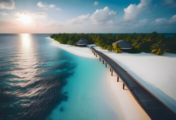 Tropical beautiful beach in Maldives with few palm trees and blue lagoon - Powered by Adobe