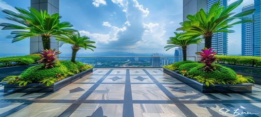 Cityscape oasis  urban rooftop garden with verdant plants and panoramic city views