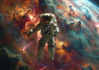 b'Astronaut in Space with Colorful Nebula' - obrazy, fototapety, plakaty
