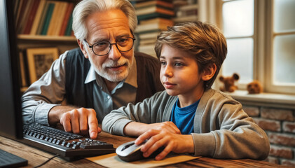 Grandfather and grandson learning how to use a computer together