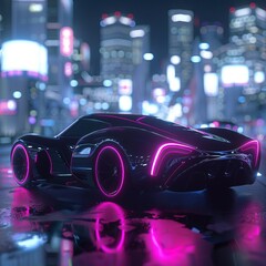 A black futuristic sports car with pink neon lights reflecting off the wet city street.