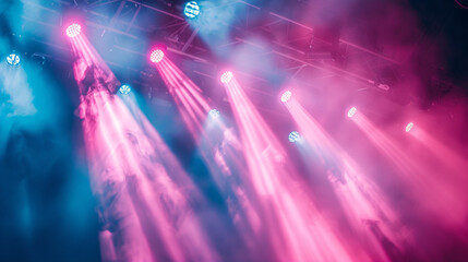 Vibrant pink and blue lights beam through smoke at a lively event