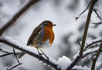 A beautiful bullfinch bird sits on a snowy branch, in the woods in winter
