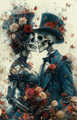 A Gothic romance image featuring two elegantly dressed skeletons surrounded by red roses, butterflies and floral elements, portraying a striking contrast between life and death, beauty and decay. 
