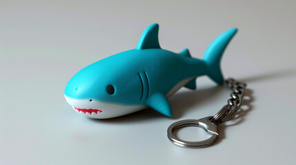 turquoise shark-shaped keychain with white teeth on a grey background.