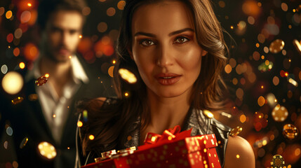 Two people amidst golden lights, one holding a red gift box.