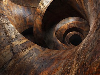 A hypnotic spiral staircase with a geometric design and textured metal surfaces.