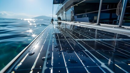 Fototapeta premium Solar Panel Array on Boat Deck: A Symbol of Renewable Energy in Maritime Transport