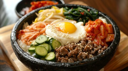 Korean food dolsot bibimbap with egg, cucumber, kimchi and spinach