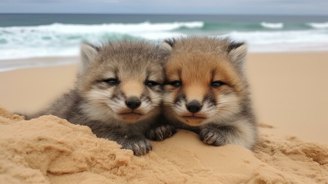 b'Two Cute Baby Fennec Foxes Resting on Sandy Beach Near Ocean'