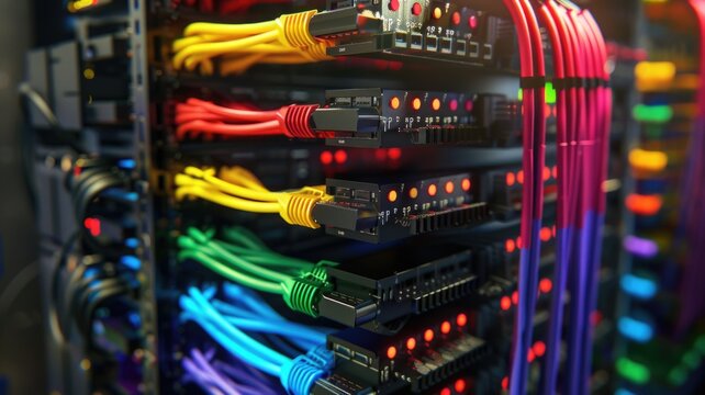 rack-mounted optical wavelength division multiplexer (WDM) in a data center, with colorful fiber optic cables connected