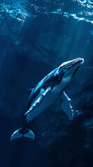 whale swimming gracefully underwater, illuminated by sunlight.
