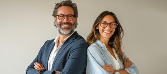 Image portraying two business associates standing with their backs against each other, smiling, arms crossed, and facing the camera on a light background.