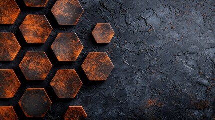 Hexagonal patterns over a grungy orange and blue textured background.