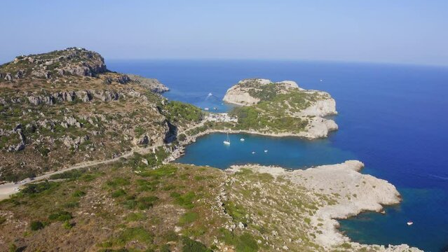 Drone flight above Anthony Quinn Bay in Faliraki, Rhodes Island, Greece