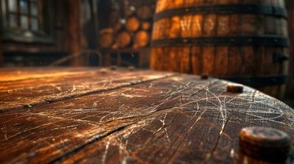 b'Wooden table with barrels in the background'