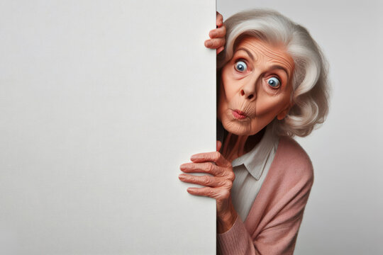 Surprised old woman cautiously peeks around a corner against a white background