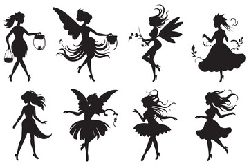Set of silhouettes of fairies vector isolated on white background. Magical fairies in the cartoon style