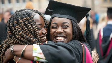 Two women, one in a graduation gown, sharing a warm embrace to celebrate academic success