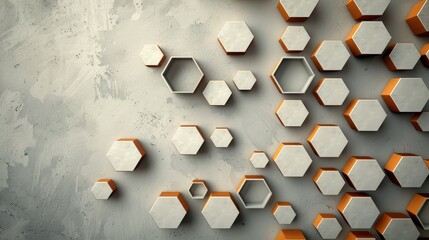 White and grey hexagonal 3D pattern with orange outline on a soft textured background.